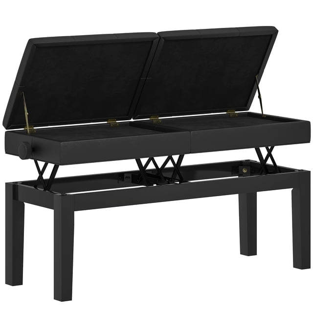 HOMCOM Piano Bench with Storage, a black PU leather piano stool with dual tufted seats that open to reveal hidden storage compartments for sheet music. Height adjustable from 18.9 to 22.8 inches (48 to 58 cm), supported by durable rubberwood legs. Perfect for musicians and instrument accessories.