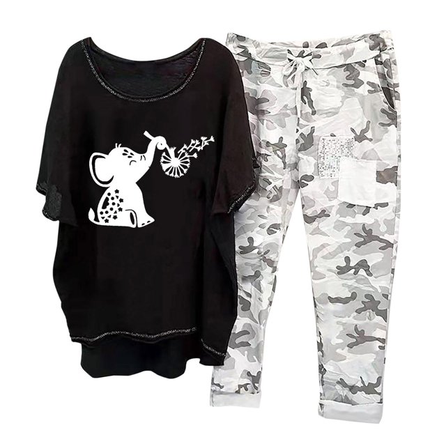 Ensembles d'Entraînement pour Femmes Imprimé Col Ras du Cou Manches Mi-Longues Chandail à Enfiler Hauts + Pantalon Ensemble de Pantalons Ensemble 2 Pcs en Liquidation