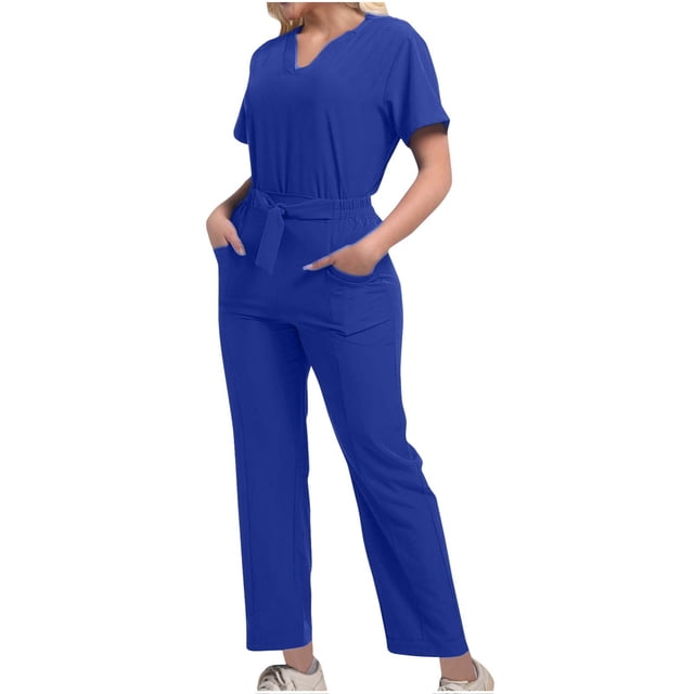 Grrvtrz Womens Scrubs Set Casual Workwear Drawstring Threaded Pant Legs 2PC, V Neck Stretch Scrub Top & Straight Leg Pants