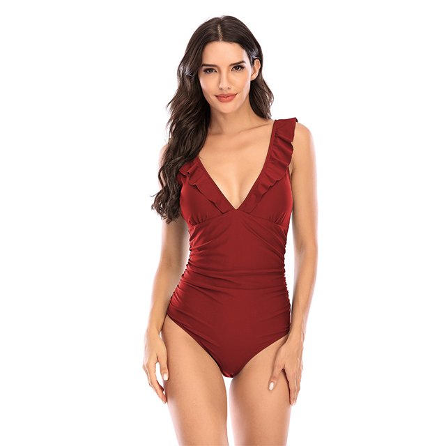Ruffle One Piece Swimsuits for Women V Neck Ruched Monokini Bathing Suits