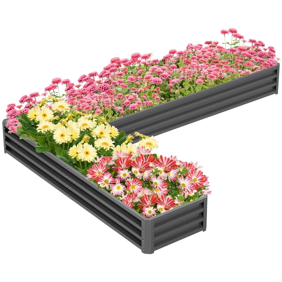 Outsunny L-Shaped Raised Garden Bed Galvanized Steel Planter Box Dark Grey