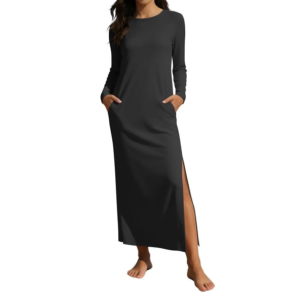 Elvqul Summer Dress for Women Formal Crewneck Pullover Sleeveless Solid Maxi Dress for Women Black