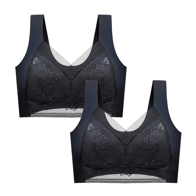 AherBiu 2PCS Plus Size Bras for Women Lace Full Coverage Push up Padded Large Bust Bralettes Solid Color Everyday Bras