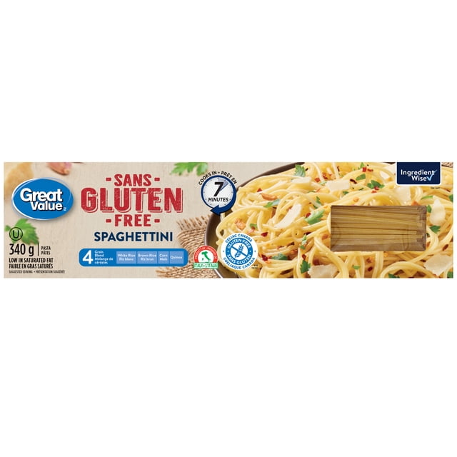 Great Value Gluten-Free Spaghettini 340g package showing uncooked thin spaghetti made from white rice, brown rice, corn, and quinoa flours. Certified gluten-free by Celiac Canada, low in saturated fat, kosher, and cooks in 7 minutes. The label features the Ingredient Wise symbol and a serving suggestion of cooked spaghettini with herbs and cheese.