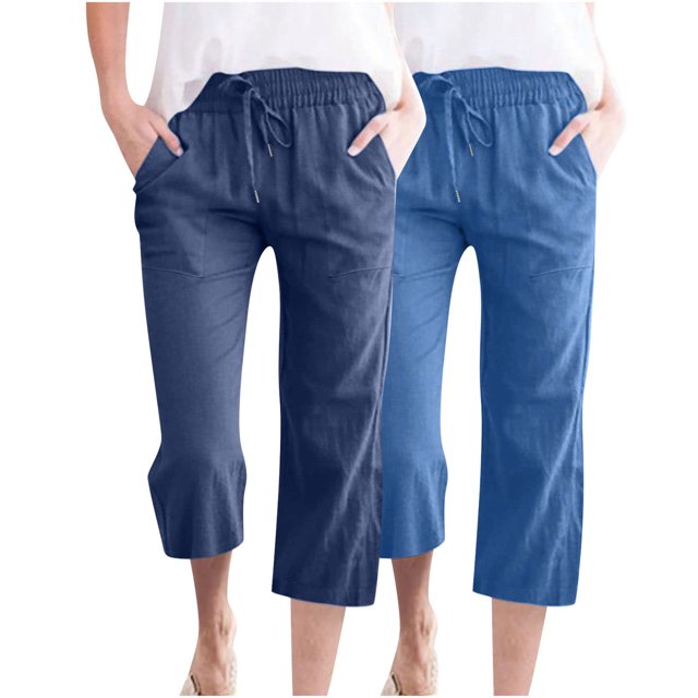 Timegard 2pc Capri Pants for Women Cotton Linen Elastic Waist Loose Lounge Crop Pants Pockets Solid Color