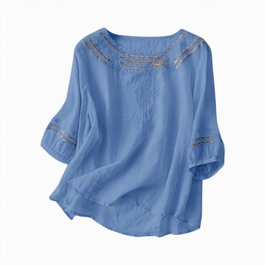 WUANDIXFA Hauts de Travail pour Femmes Chemises en Lin pour Femmes Rétro Broderie Été Ample Manches 3/4 T-Shirts Tuniques Hauts Blouses Décontractées Vêtements Boho, Bleu Ciel, 2TG