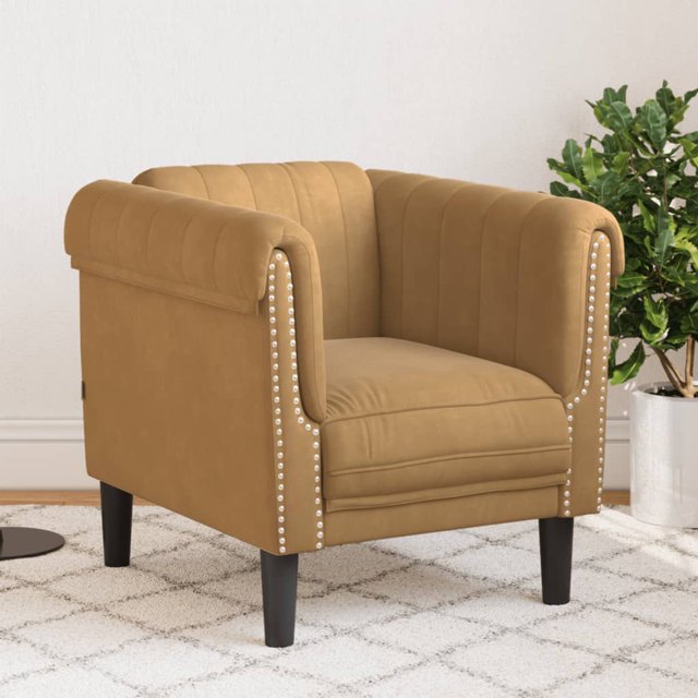 vidaXL Fauteuil d'Intérieur en Similicuir Suédé Brun à Fini Mat, au design Moderne avec Détails Capitonnés et Garniture de Clous. le Fauteuil Est Supporté par des Pieds en Bois Noirs Robustes et Mesure 30,3 Pouces de Large, 31,5 Pouces de Profondeur et 29,1 Pouces de Hauteur. Convient aux Salons Ou aux Chambres, Offre un Siège Confortable avec Rembourrage en Mousse et une Capacité de Charge Maximale de 110 kg. Assemblage Requis.