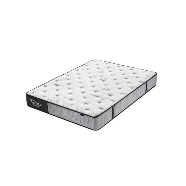 Rest Therapy 10 Inch Rejuvenate Bamboo Pocket Coil Mattress shown in a three-quarter view. The mattress features a sealed border tight-top design with a breathable quilted bamboo cover in grey. It includes 8-inch pocket coils for semi-firm support, a foam support layer, and a quilted top layer with plush padding. Suitable for side or stomach sleepers, it is CertiPUR-US certified and eco-friendly.
