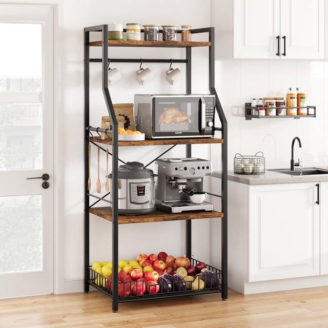 Kojooin Kitchen Bakers Rack, Microwave Oven Stand with Large Wire Basket