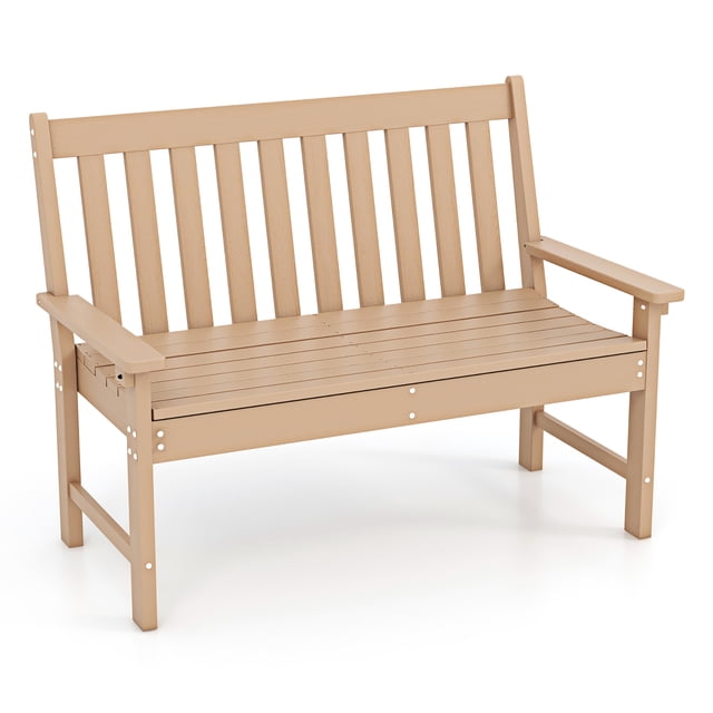 Gymax Garden Bench All-Weather HDPE 2-Person Outdoor Bench for Front Porch Backyard Teak