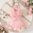 thumbnail image 2 of GPOECD Combinaison Courte Côtelée Sans Manches en Dentelle pour Filles, Ensemble Robe et Bandeaux, Combinaisons Sans Manches pour Filles Rouge-K, 9-12 Mois, 2 of 6