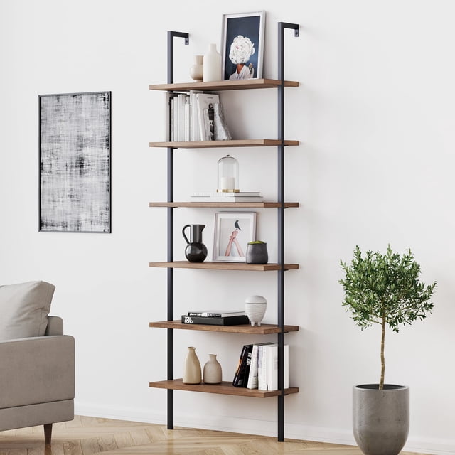Nathan James Theo 6-Shelf Bibliothèque Tall, étagère murale avec bois recu et cadre métallique industriel, chêne/noir