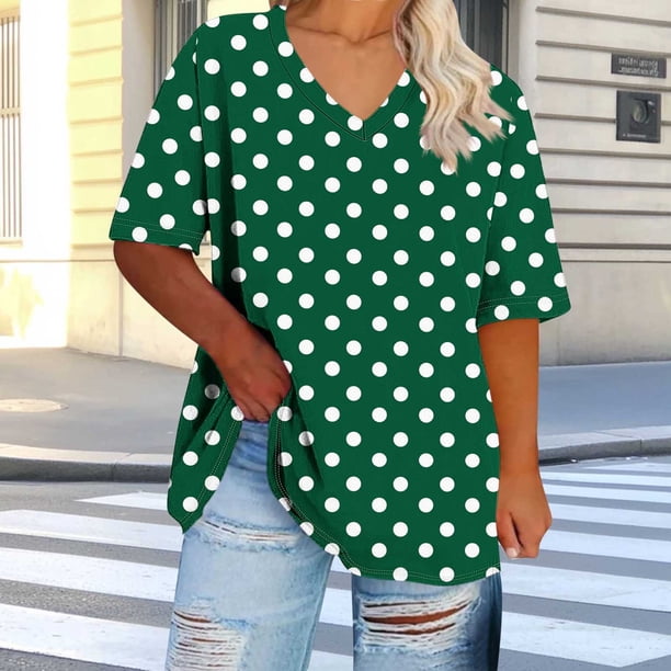 yoeyez Ladies Summer Tops,Plus Size Polka Dot Print Shirts Short