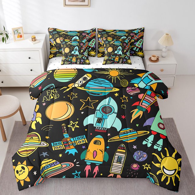 YST 7-Piece Outer Space Comforter Set, Cosmic Rocket Cartoon Robot Bedding, King – Includes Fitted Sheet and Flat Sheet