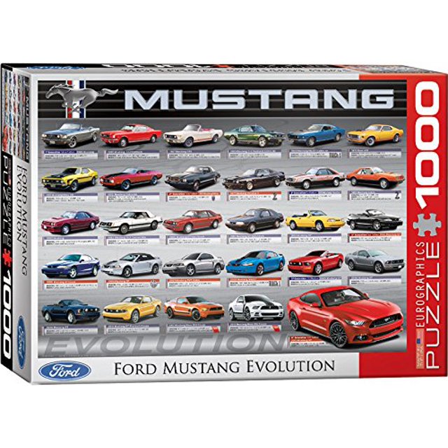 Eurographics Ford Mustang Évolution Casse-Tête du 50e Anniversaire (1000 Pcs) Présentant un Tableau Détaillé des Modèles Ford Mustang sur 50 Ans. la Boîte Mesure 10 x 14 x 2,37 Pouces, et le Casse-Tête Terminé Taille Est 19,25 x 26,5 Pouces. Fabriqué aux É.-U. avec une Planche Bleue de Haute Qualité et de l'Encre à Base de Légumes, Ce Casse-Tête Offre des Pièces Solides et Faciles à Installer. le design Met en Valeur des images Vibrantes de Voitures Mustang