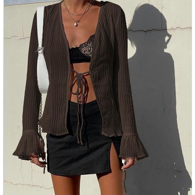 Women Pleated Shirt Long Sleeve Deep V Neck Ruffle Summer Tops