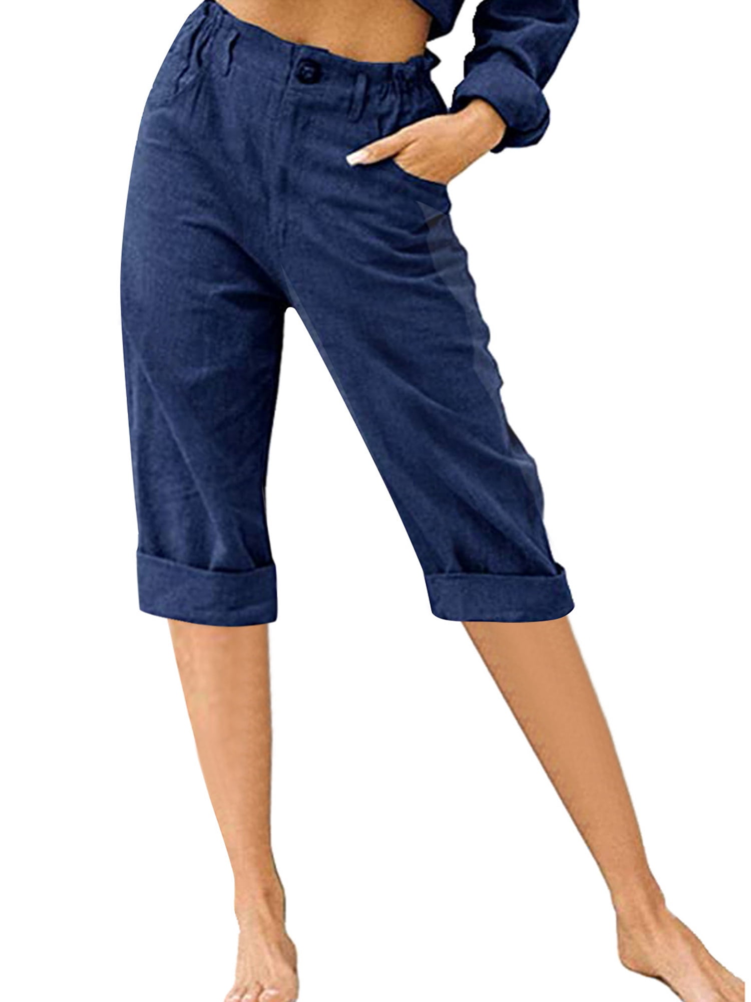 Innerwin Cropped Pant High Waist Women Capri Pants Beach Button Lounge Capris Navy Blue 3XL