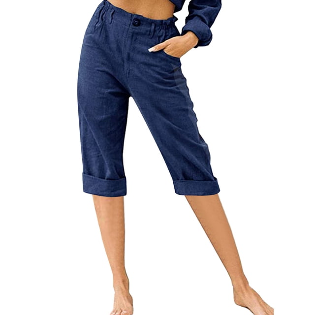 Innerwin Cropped Pant High Waist Women Capri Pants Beach Button Lounge Capris Navy Blue 2XL