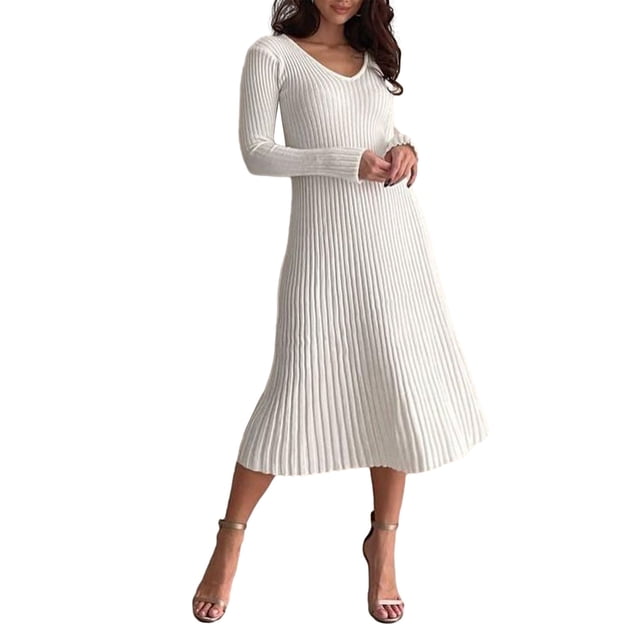 xiaxaixu Robes d'Automne pour Femmes 2023, Robe Chandail d'Automne et d'Hiver à Manches Longues, Col en V, texture en Tricot Côtelé. La Robe Mi-Longue Est Présentée dans une Couleur Blanche Unie, avec des Talons Neutres. Fabriquée en 65 % Coton et 35 % polyester, Elle Est Légère et Convient aux occasions Décontractées Ou de Fête.