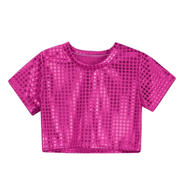 TIEVOSA Robe de Fête Décontractée à Paillettes pour Filles et Garçons, Manches Courtes, pour 3-4 Ans (Rose Vif)