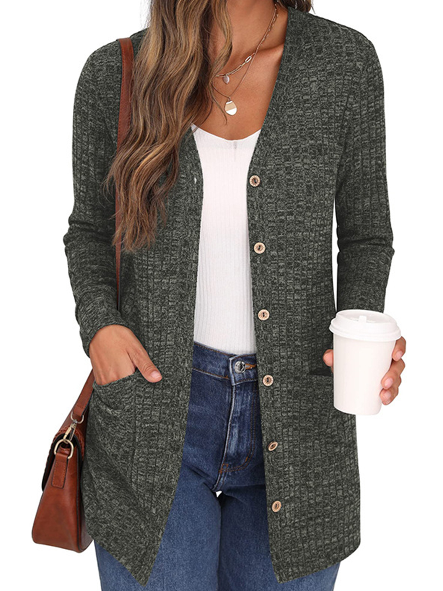 Innerwin Cardigan en Tricot à Manches Longues pour Femmes, Vêtement d'Extérieur, Vacances, Couleur Unie, Cardigans Doux, Vert Armée, TG
