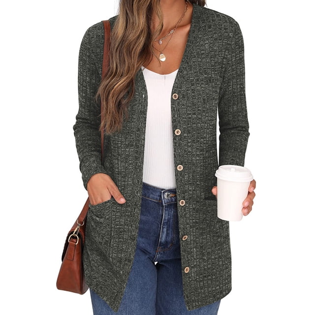Innerwin Cardigan Sweater Long Sleeve Ladies Outwear Holiday Solid Color Soft Cardigans Army Green M