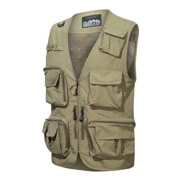 Pisexur Jackets for Men Work Jacket Multiple Pockets Outdoor Photography Sleeveless Jacket Coat Khaki,M