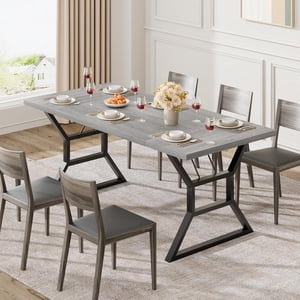 71 in Large Dining Table for 6, Rectangular Kitchen Table with Heavy-Duty Metal Legs, Grey