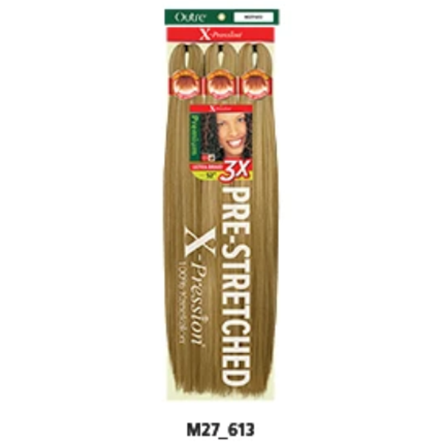 OUTRE X-Pression Pre-Stretched Braid 3X 52-inch hair extensions in a long, pre-stretched, kinky straight style. The packaging highlights the color M27/613 and features such as flame-retardant material and hot water setting compatibility.