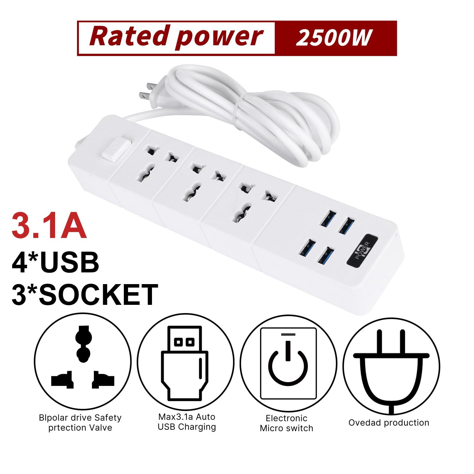RYRDWP Surge Protector Power Strip, Extension Cord Outlet 4 USB