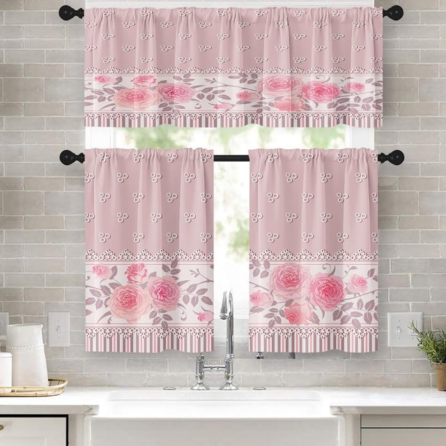 Pink Rose Kitchen Curtains Floral Window Curtains Valance and Tier Set 36 Inch, Romantic Flowers Delicate Rod Pocket Short Tier Curtain, Chic Classic Small Cafe Curtains for Kitchen Decor