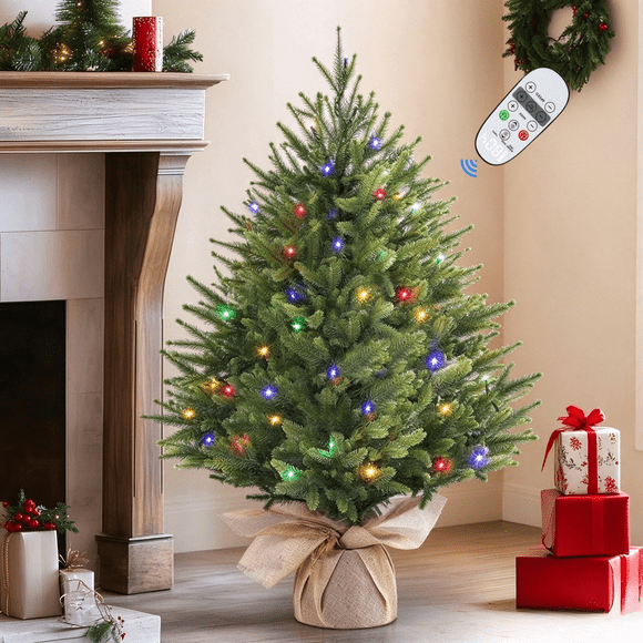 Lolsea Sapin de Noël Artificiel Petit Mini de 2 Pi Pré-Illuminé avec Lumières DEL Colorées, Télécommande et Minuterie, Parfait pour les Décorations de Table de Noël