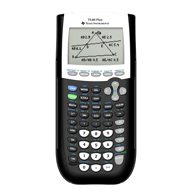 Texas Instruments TI‐84 Plus Calculatrice Graphique, Vue Noire Orientée vers l'Avant Montrant l'Affichage de 8 Lignes par 16 Caractères avec Fonction d'Empreinte Mathématique visible, Pavé Numérique Complet et Pavé de navigation, logo TI et port de Connectivité; Calculatrice Graphique Approuvée pour SAT, ACT, PSAT/NMSQT, AP et IB, Souvent Utilisée comme Outil portable pour la Collecte et l'Analyse de Données en Classe.