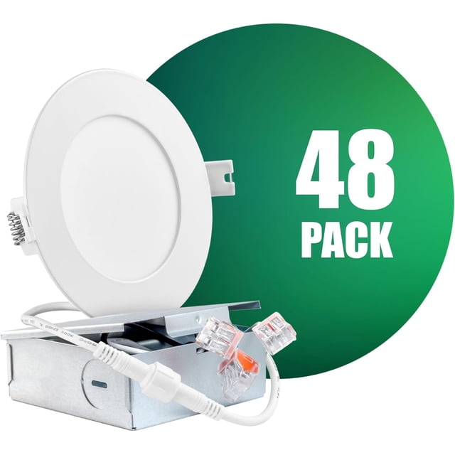 QPLUS 4Inch LED Recessed Slim Pot Light with Junction Box, 10W (=75W), 750 Lumens, Dimmable, IC Rated, ETL, Energy Star (4000K, 48 Pack)