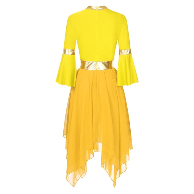 RUNQHUI Robe de Danse Métallique pour Femmes, une Épaule, Manches Évasées, Tenue de Danse Liturgique, Tunique de Danse de Culte, Jaune TTG