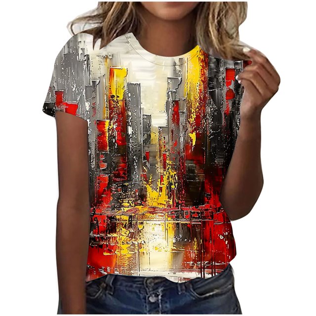 Culottes pour Femmes Hauts pour Femmes Tendance à la Mode Décontracté Col Ras du Cou Imprimés Manches Courtes Col Rond T-Shirt Haut m Multicolore