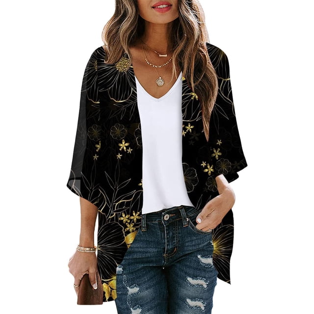TIMIFIS Women Cardigan 3/4 Sleeves Open Front Lightweight Cardigan Draped Ruffles Knit Cardigan-Black-5-XXXXXLFall