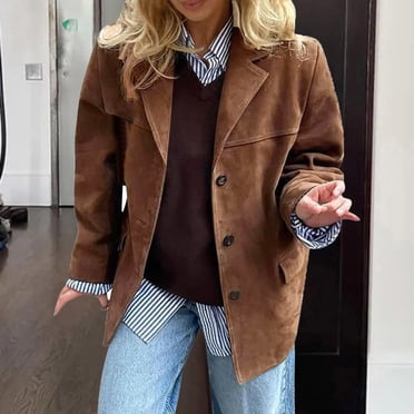 KIHOUT Womens Suede Jacket Fall Winter Fashion Casual Oversized Faux Leather Blazer Jacket Trench Coat