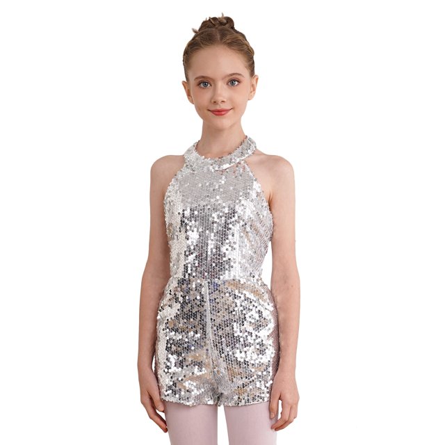 Nyeemya Combinaison de Danse à Paillettes pour Filles, Col Licou, Sans Manches, Rumba Samba, Argent, 12