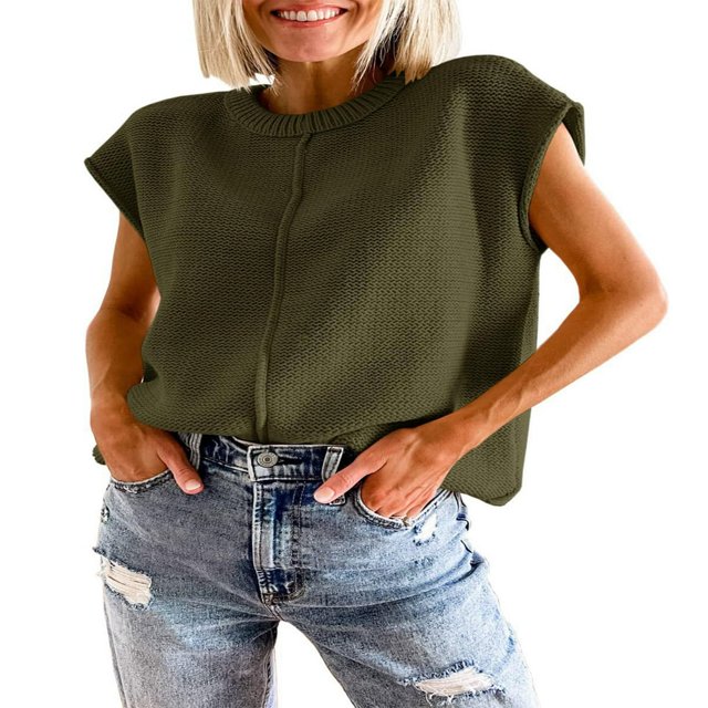 Women Solid Color Sweater Vests Crew Neck Cap Sleeve Loose Pullovers