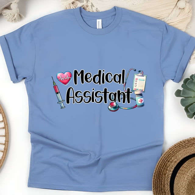 Medical Assistant Shirt | Stethoscope Syringe Healthcare Tee, CarolinaBlue, Size M