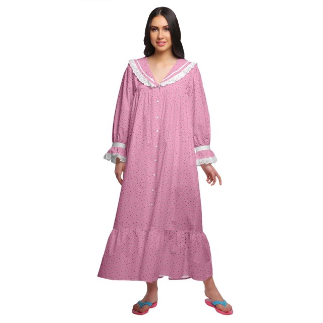 Moomaya Robe de Nuit Maxi à Manches Longues Imprimée Boutonnée en Coton