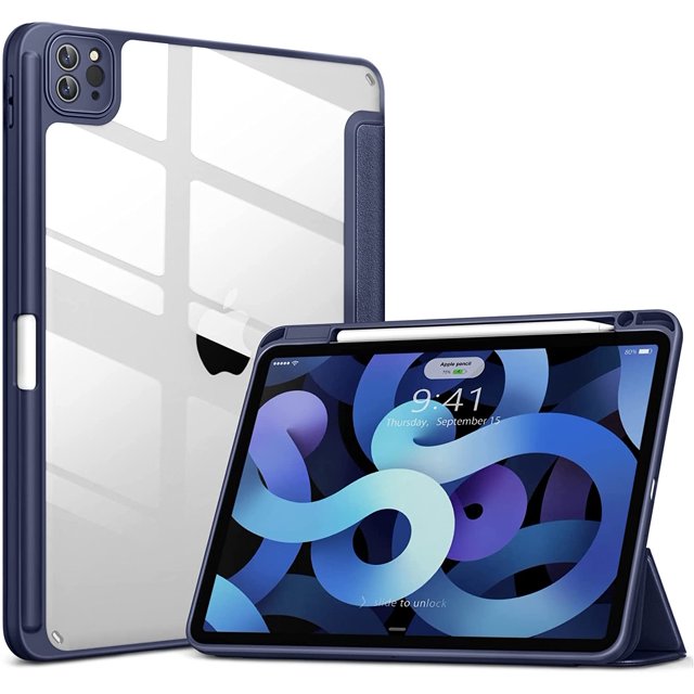 for iPad 10.9(2020), iPad 10 10.9 Inch Case with Transparent Shockproof Back Cover in navy, designed for Apple iPad, featuring a built-in pencil holder, auto sleep/wake functionality, camera protection, and precise cutouts for buttons and ports. The hybrid design includes a soft TPU frame, rigid PC backshell, and tri-fold front cover for multiple viewing angles.