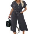 thumbnail image 3 of Women‘s Wide Leg Jumpsuits Buttons Front V Neck Rompers Summer Loose Fit Playsuit with Belt Pockets, 3 of 5
