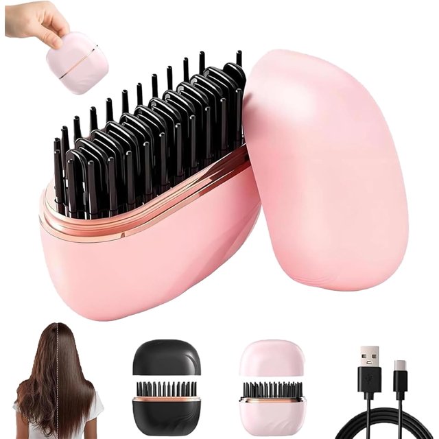 Nulira Mini Hair Straightener, 2-In-1 Cordless Hair Straightener & Styler, Mini Hot Comb, Fast Heating Hot, 3-Speed Temperature Control, for Travel Home (Pink)