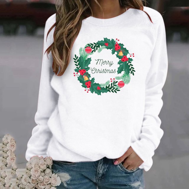 Chandail à Capuchon de Noël pour Femmes, Col Rond, Mode Décontractée, Manches Longues, Imprimé de Noël, Chandail en Molleton, Hauts, Blouses, Chandail en Molleton pour Filles en Liquidation