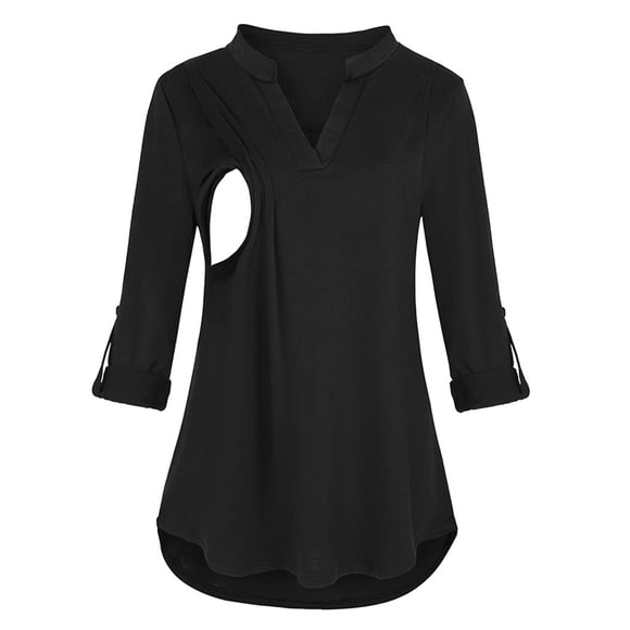 EGNMCR Long Sleeve Round-Neck Blouses & Shirts Women Long Sleeve Solid Color Nursing Tops Blouse For Breastfeeding Pregnant Women Blouse