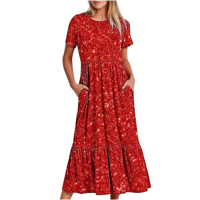 Penkiiy Robe à Manches Courtes pour Femmes, Imprimé Brillant, Ample, Unie, Décontractée, d'Été, Fluide, à Étages, Longue Maxi avec Poches, 2TG, Rouge