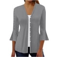 thumbnail image 2 of VKOYWKM 3/4 Length Sleeve Womens Tops Trendy Eyelet Embroidery Tees Button Down V Neck Pullover Tops Solid Color Ruffle Bell Sleeve Tunic Blouses, 2 of 5