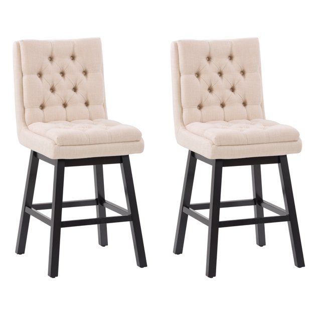 CorLiving Belmont Fabric Tufted Counter Height Bar Stools with Solid Wood Legs - Dining Room Barstools, Counter Height, Padded Backrest